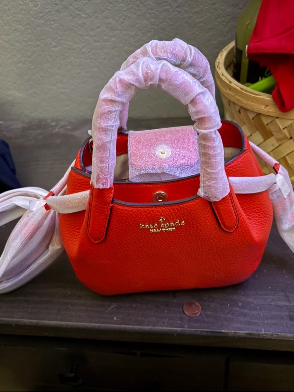 kate spade Red Pebbled Leather Mini Satchel with Gold Logo